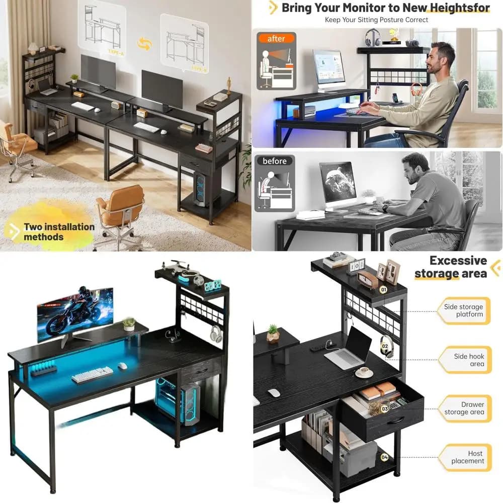 Led Lighted Gaming Desk with Current, Black, Home Office Adapt, Monitor Support, Storage Pads, Living, St