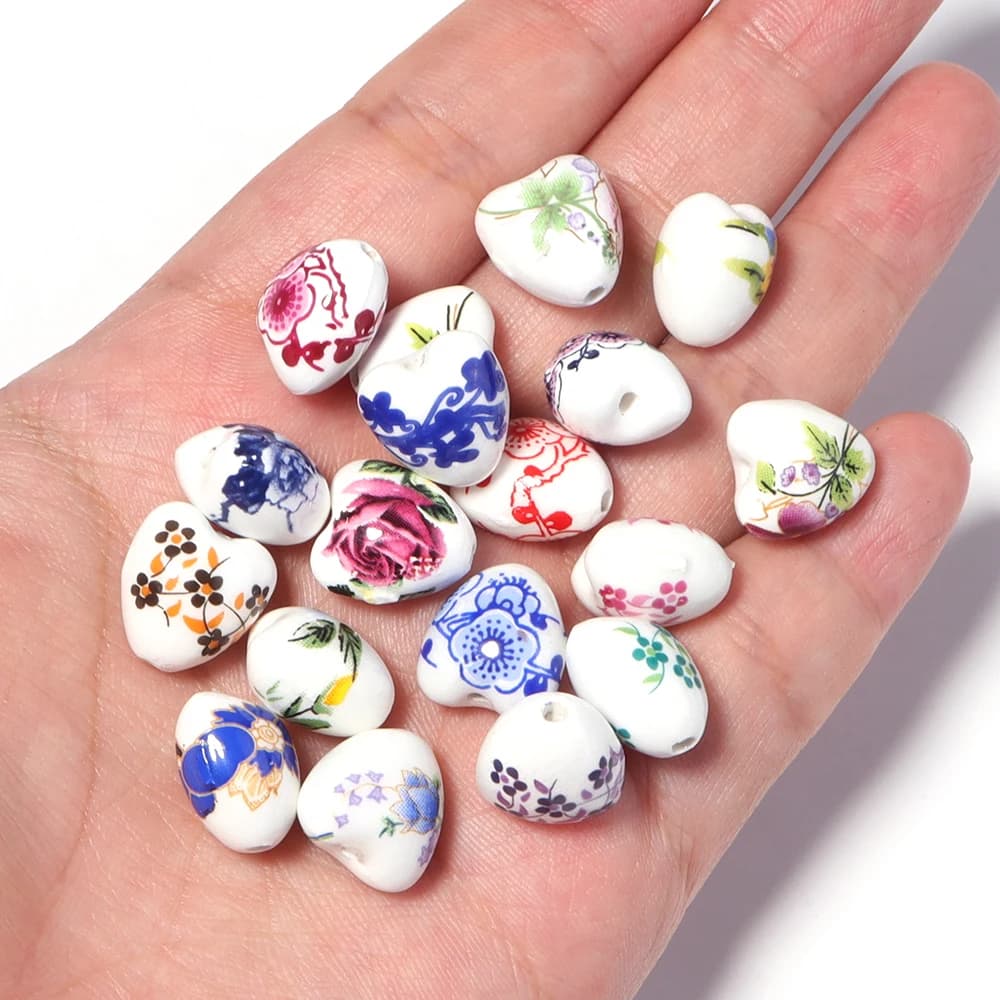 10pcs 12x13mm Heart Shape Ceramic Beads Flower Patterns Loose Spacer Bead for Jewelry Making DIY Necklace Bracelet Findings