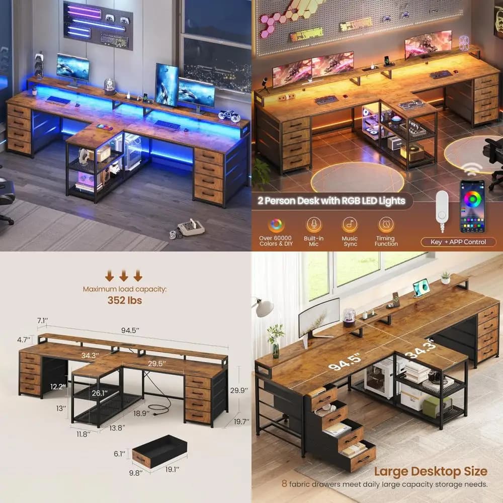 Scrivania da gioco a doppio uso con 8 cassetti, illuminazione a LED e alimentatore