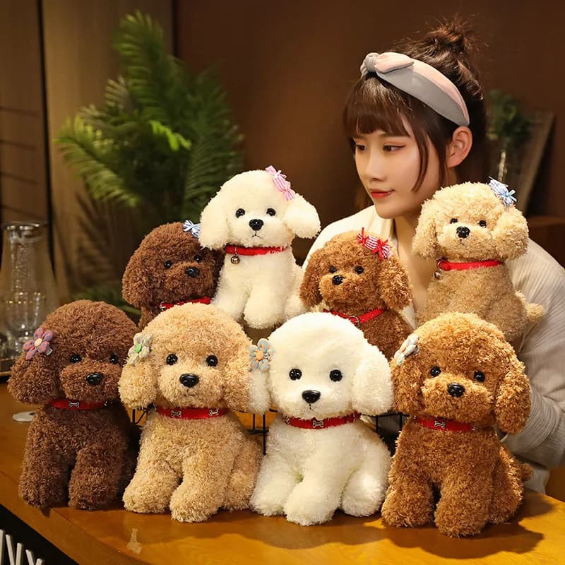 1Pc 22/28 centimetri Bella Capelli Ricci Teddy Dog Giocattoli di Peluche Indossa Collare Testa Fiore Teddy Bambole Farcito Peluche Per Bambini regali di compleanno