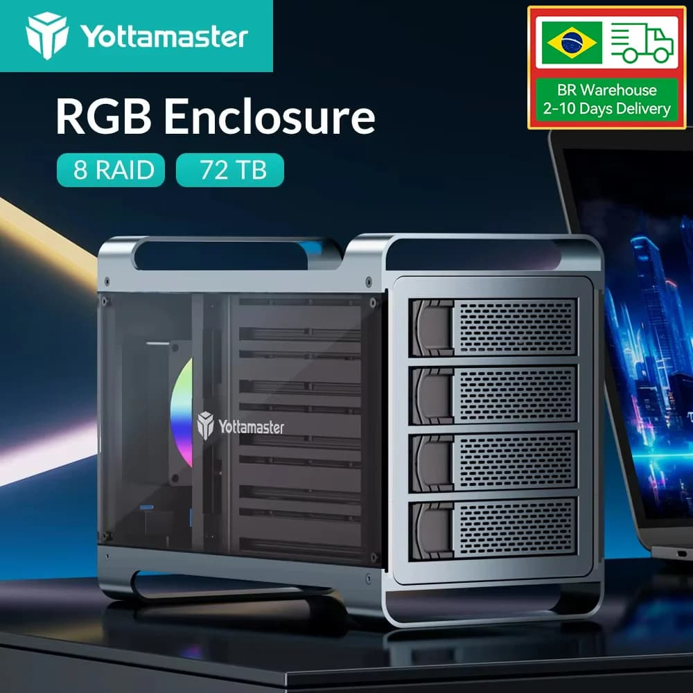 [DF4] Custodia per HDD esterna RAID a 4 alloggiamenti Yottamaster Custodia SSD SATA da 2,5" 3,5" con ventola silenziosa RGB da 80 mm Supporto 64 TB e RAID