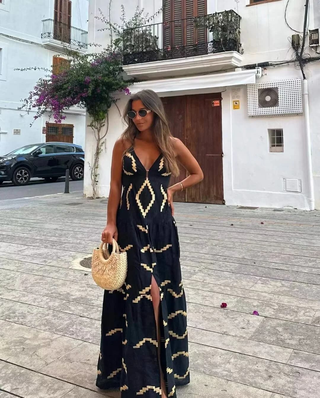 Nuovo Arrivo Primavera Estate: Abito Lungo Asimmetrico da Donna con Scollo a V, Senza Maniche, Vita Alta, Stile Vacanza al Mare, Linea A