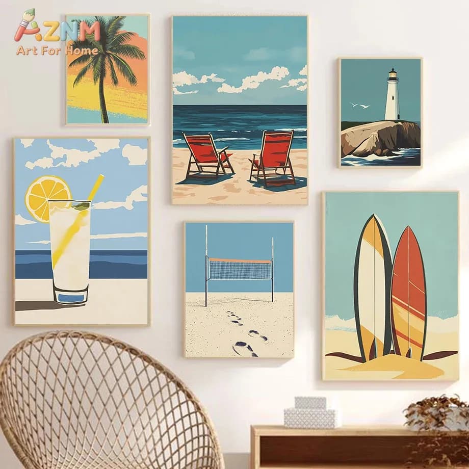 AZNM Retro Summer Beach Canvas Wall Art Palm Tree Beach Chair Lighthouse Surfboard Lemon Drink Volleyball Minimalist Ocean Illus