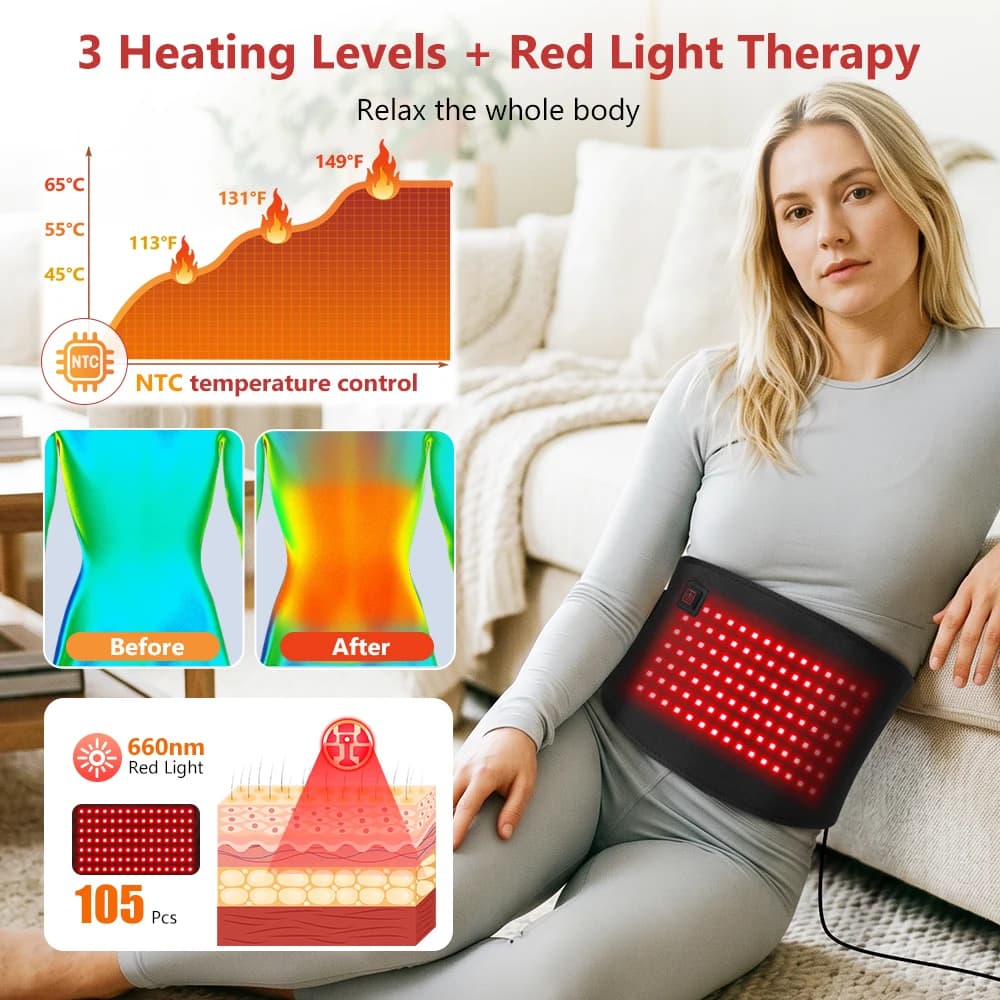Hot Compress Belt Red Light Belt 105 LEDs 660nm for Waist Shoulder, 3 Heat Levels USB Heated Wrap with Power Bank Pocket