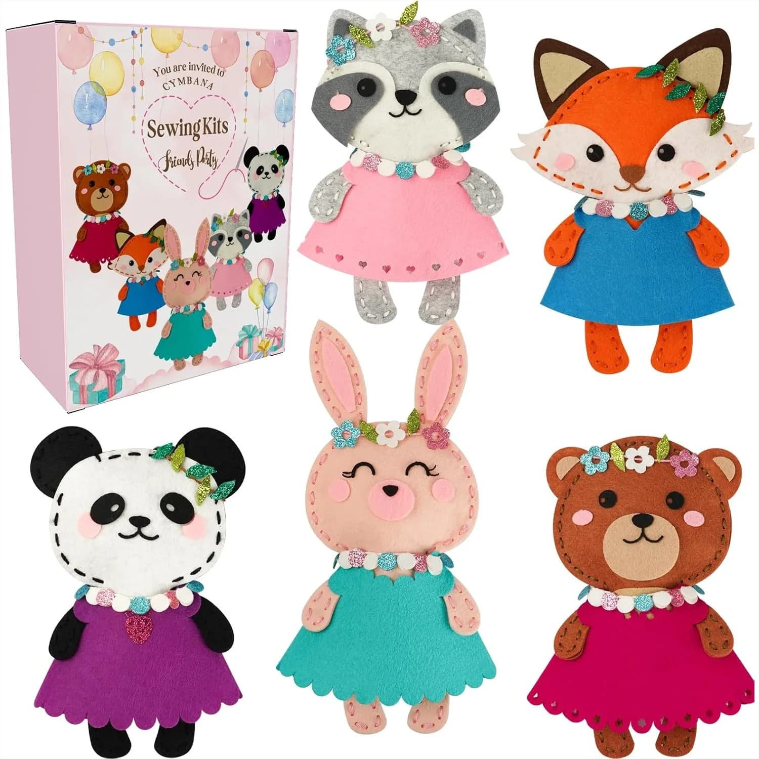 Kit di cucito per bambini principianti, impara a cucire 5 animali di peluche (Panda, Volpe, Coniglio, Procione, Orso) con strumenti sicuri e vestiti