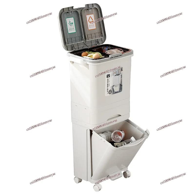 Cestino per rifiuti da cucina grande con coperchio, a doppio strato, con separazione integrata tra rifiuti secchi e umidi.
