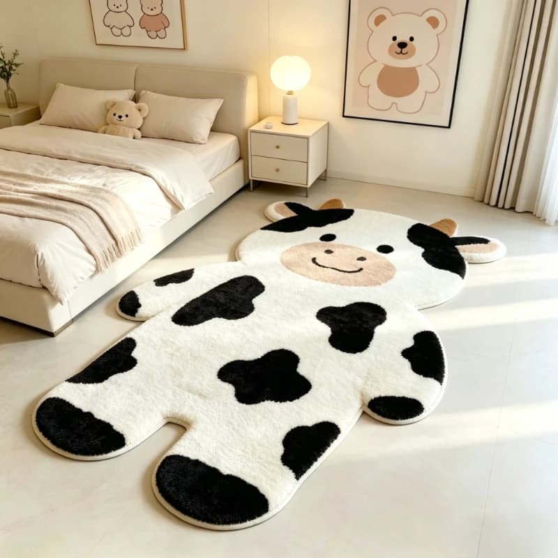 VIKAMA Cow Print Plush Rug, Non-Slip Soft Fluffy Carpet, Washable Bedside Mat for Living Room Bedroom Home Decor