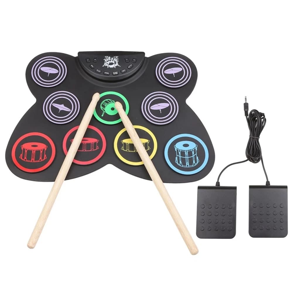 Set di Batteria Elettronica Sportiva, 9 Pad in Silicone Pieghevoli con Jack per Cuffie, Altoparlante Integrato, Pedali e Bacchette