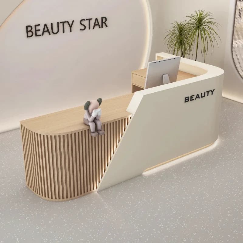 Scrivania di Lusso in Stile Nordico Moderno con Ripiano, Banco Reception a Forma di L, Scrivania per Salone di Bellezza