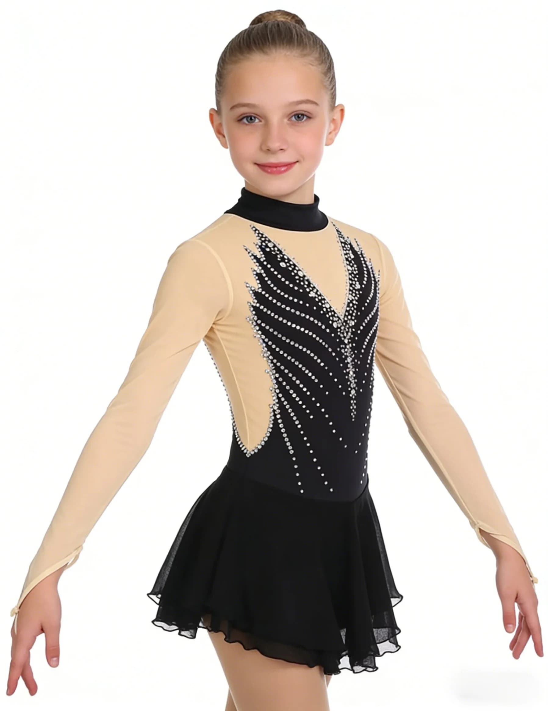Abito da Pattinaggio Artistico con Strass Scintillanti, Maniche Lunghe, Collo Alto, in Rete, Costume da Danza sul Ghiaccio a Tema Ali, Body da Ginnastica