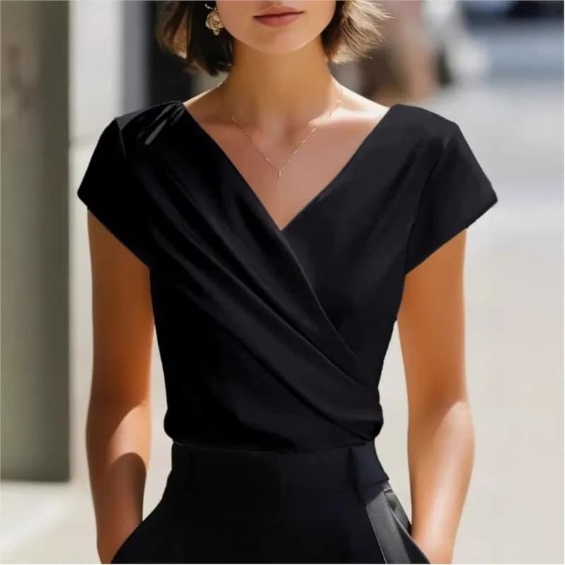 Elegante Blusa Basica da Donna 2026 Estiva a Maniche Corte con Scollo a V, T-shirt Slim Fit Avvolgente Casual, Maglietta Pullover per l'Ufficio