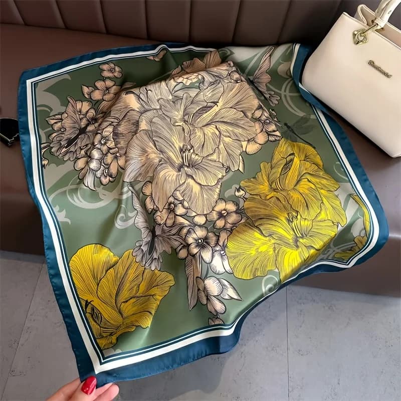 Stylish large flower pattern square scarf, three color options, silky texture, fashion items suitable for women, headscarf, scarf, shawl, available in all seasons