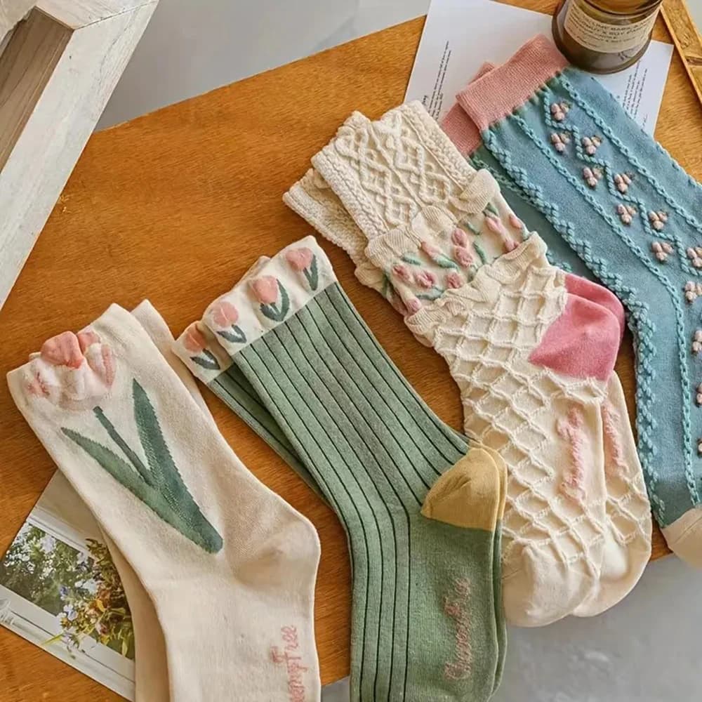4 pairs of fashionable women's floral printed socks versatile cute and comfortable that absorb sweat socks Casual breathers of medium length
