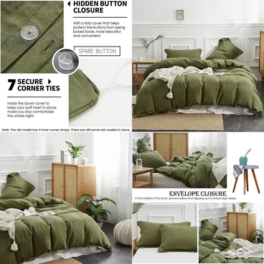 Set Copripiumino 100% Lino - Stile Francese Lavato, Traspirante, Verde Oliva, Misura Queen