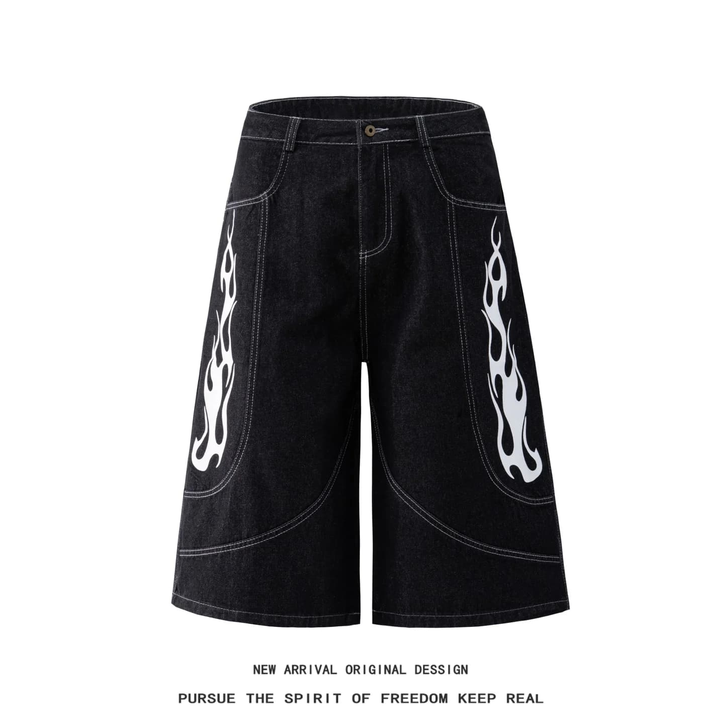 American Flame Print Black Sutured Workwear Shorts Men's High Street Versatile Wide Leg Deconstructed Washed Seven-Foot Jeans