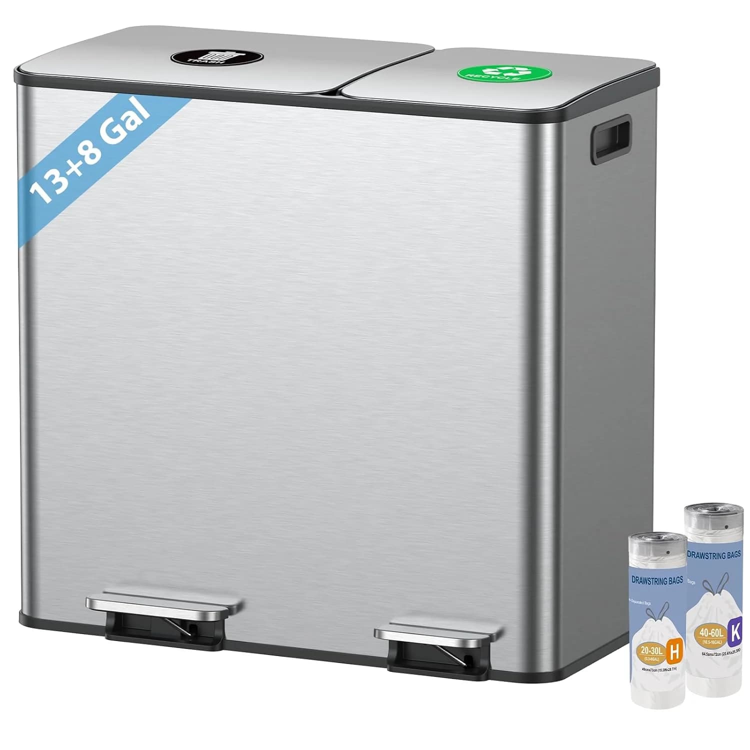 Dual Trash and Recycling Bins for Kitchen, 13+8 Gal Dual Trash Can, Silver