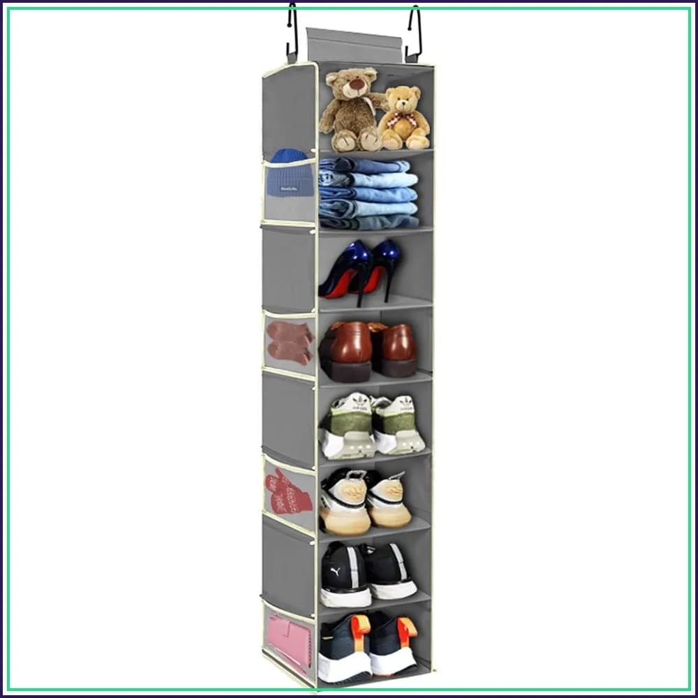 8-Shelf Hanging Shoe Organizer with Side Pockets, Large Storage for Closet, Grey