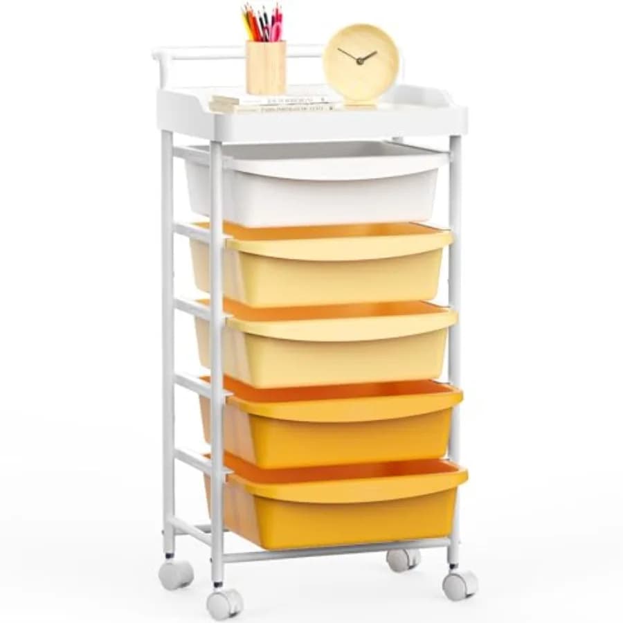Carrello con Cinque Cassetti per Organizzazione e Conservazione, per Casa, Ufficio, Aula, Cassetti in Plastica con Maniglia, Carrello Multiuso