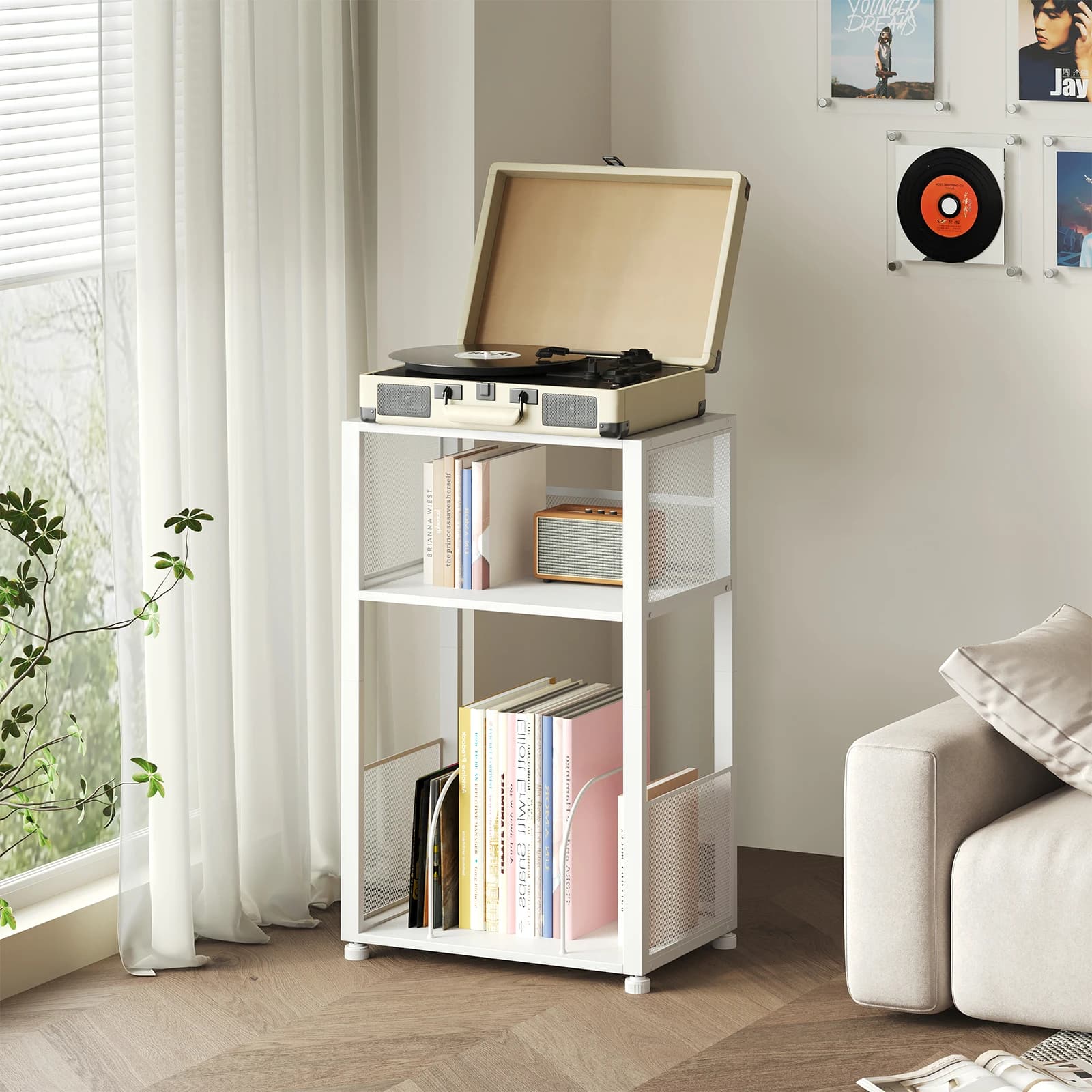 Supporto multimediale in metallo a 3 livelli JHK, porta CD, 1 pezzo, supporto per giradischi con spazio per riporre fino a 100 album, scaffale per dischi per soggiorno