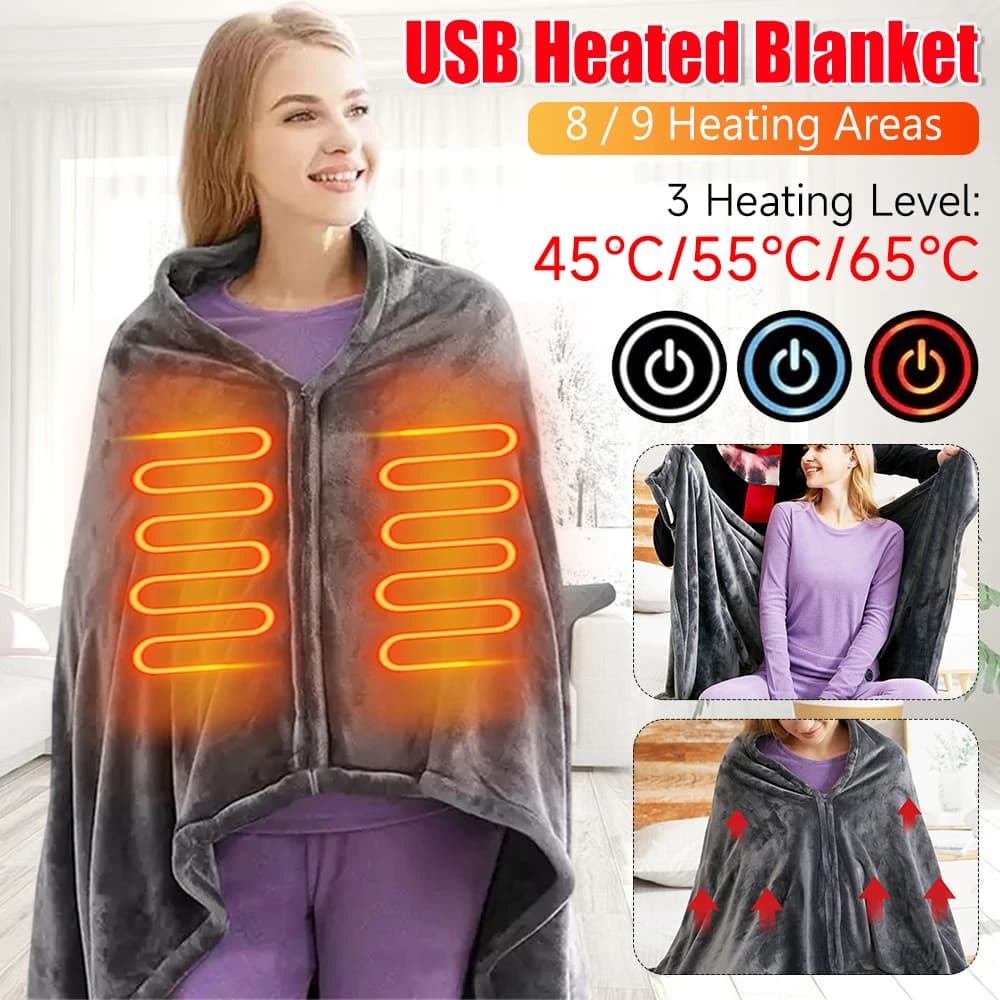 USB Heated Blanket Electric Heated Throw 3 Heating Level Wearable Electric Blanket Fast Heating 9 Heated Areas for Autumn Winter