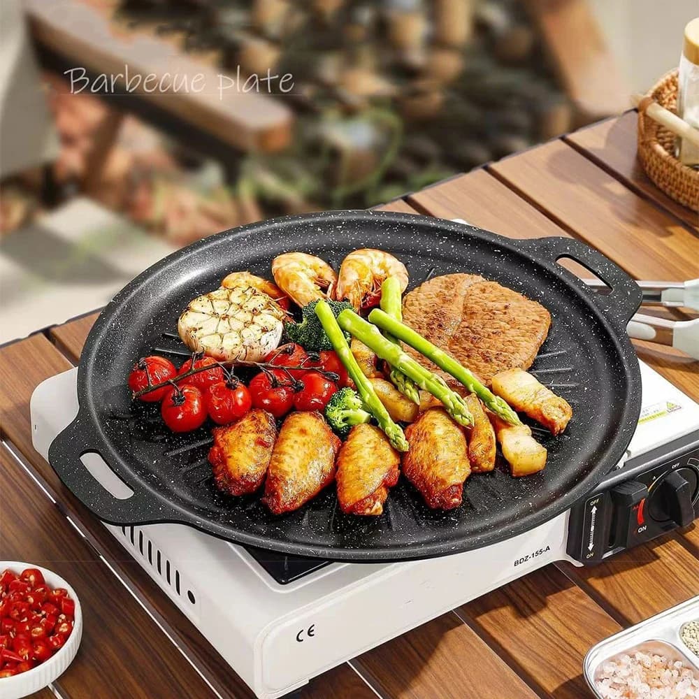 34CM Outdoor BBQ Grill Pan Non Stick Baking Tray Korean Barbecue Roastig Grill Plate Camping Pot Frying Pan Kitchen Cookware