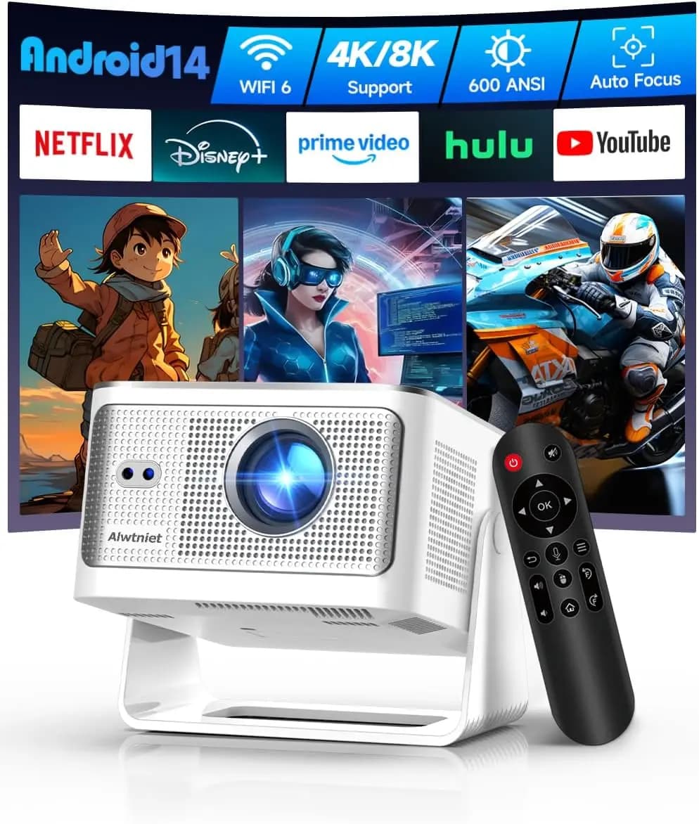 Mini Proiettore Portatile Intelligente con WiFi6, Bluetooth5.4, Supporto 4K/8K, Auto Focus e Correzione Keystone, 600 ANSI Lumen per Home Theater