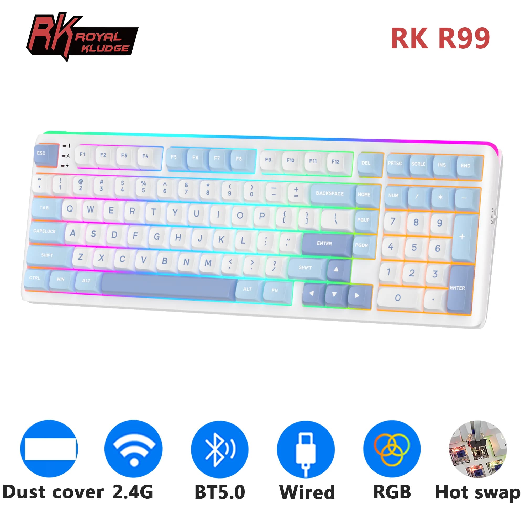 Tastiera Meccanica Wireless RK ROYAL KLUDGE R99, 100% 101 Tasti, Keycap PBT, Frequenza di Risposta 8K, Gasket, RGB, Hot-swappable, Tastiera da Gaming