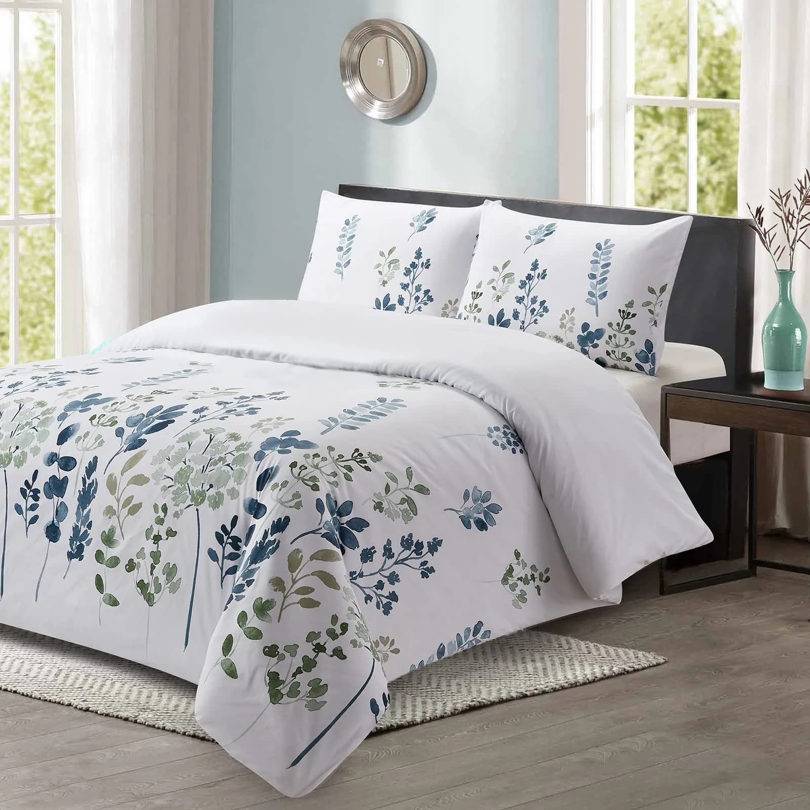Set copripiumino floreale bianco in tre pezzi, set biancheria da letto con stampa digitale 3D, copriletto minimalista