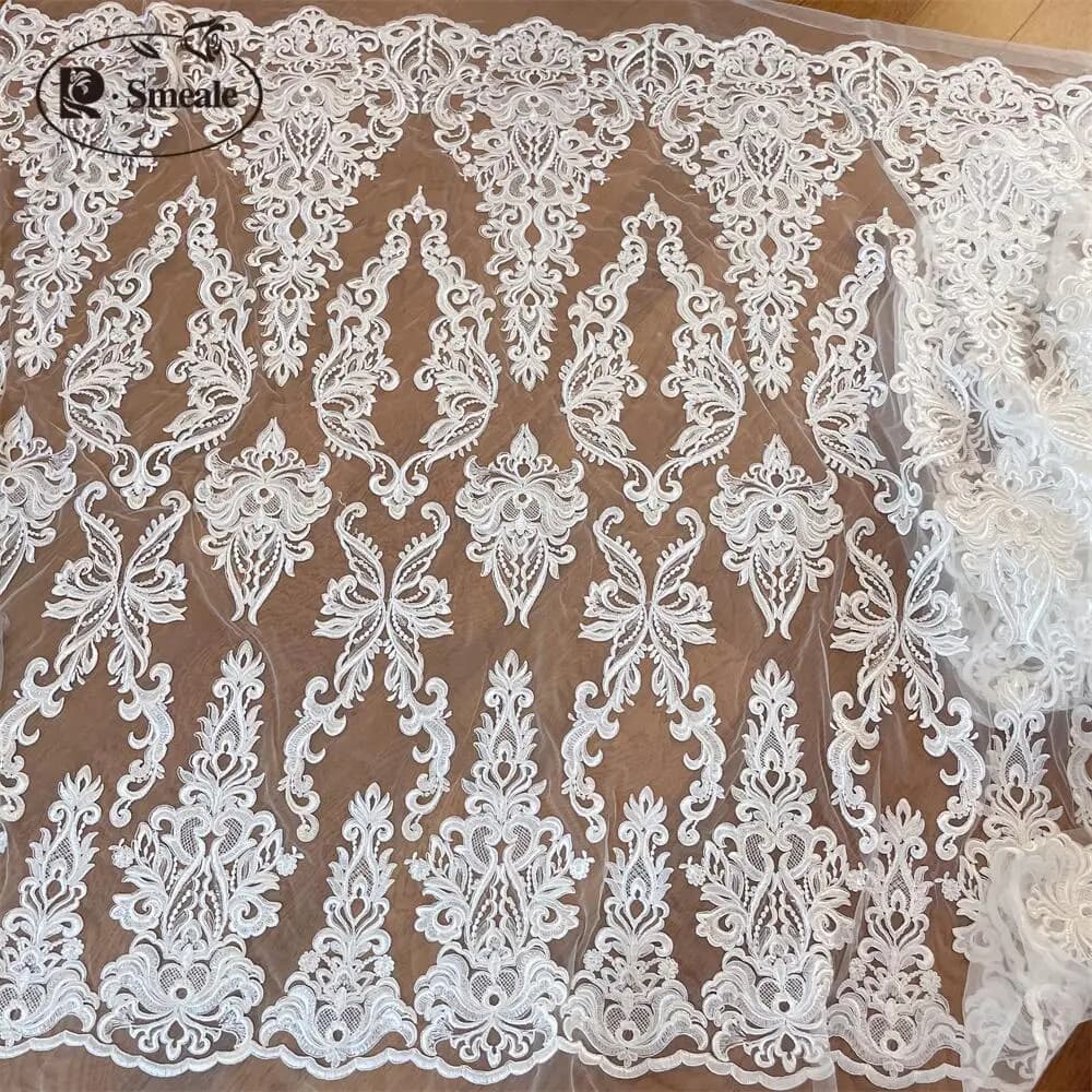 Sequined Embroidered Lace Fabric, Wedding Dress DIY Accessories, White Flowers, RS4043