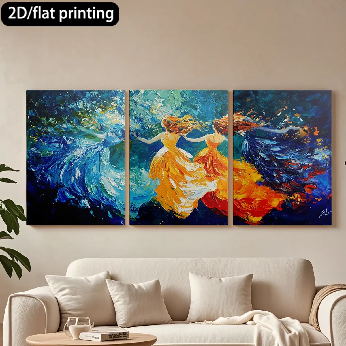 Dipinto decorativo su tela con cornice in legno, 3 pezzi. Donne astratte che danzano con abiti fluidi. Decorazione per corridoio e camera da letto.