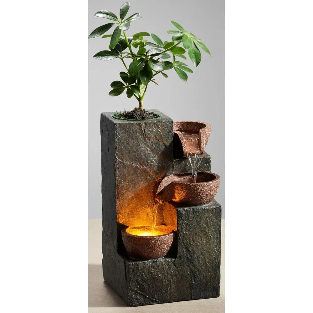 Fontana a cascata di roccia a 3 livelli con luce LED calda e vaso per piantare fai-da-te - Decorazione da scrivania rilassante