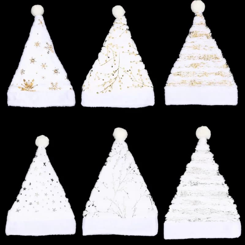 White Plush Christmas Hat Gold Silver Sequins Snowflake Santa Hats Caps For Xmas Home Party Decor Navidad Gifts