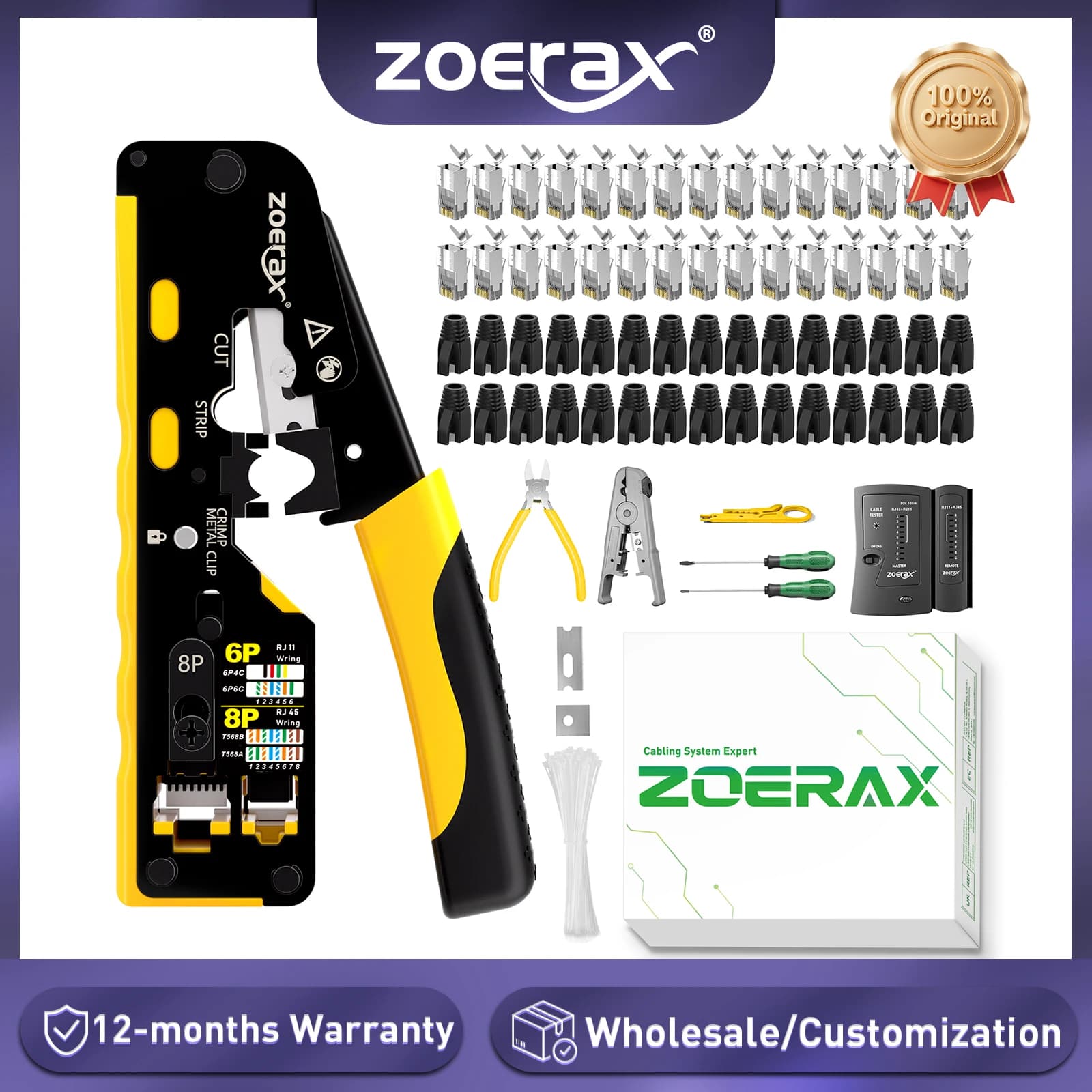 Kit di Strumenti per Crimpatura di Rete ZoeRax RJ45, Tester, Tagliacavi, Connettori e Guaine Cat7/6A, Fascette per Cavi e Cacciaviti