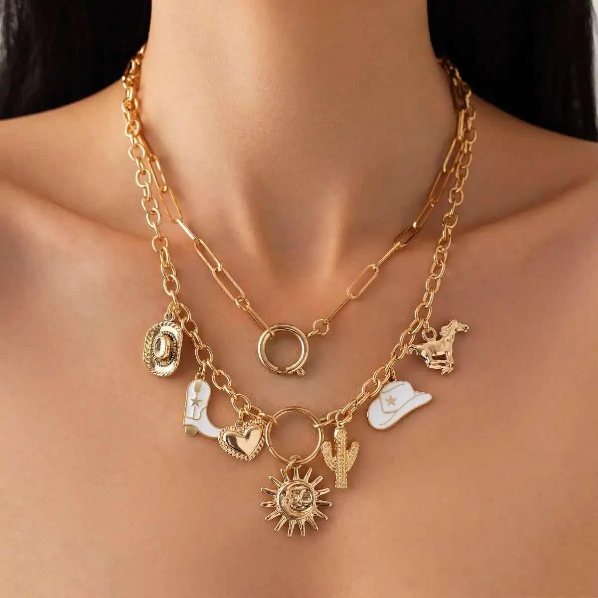 Ingemark 2Pcs/Set Vintage Cowboy Hat Cactus Love Heart Pendant Choker Necklace for Women Boho Clavicle Chain Y2K Jewelry Gift