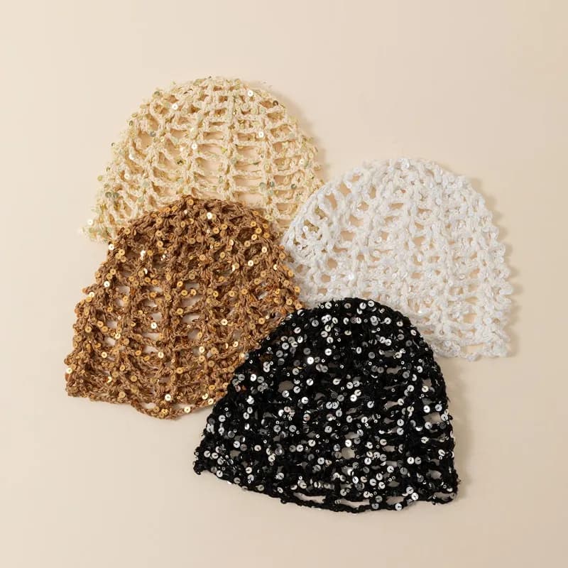 Nuovo Cappello da Donna con Paillettes Traforato, Tinta Unita, in Maglia a Rete, con Elastico per Capelli, alla Moda, Stile Rete da Pesca, Foulard e Copricapo
