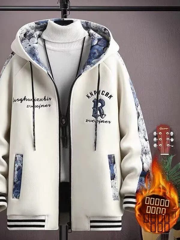 Giacca con Cappuccio Foderata in Pile alla Moda per Adolescenti, Abbigliamento Casual Autunno Inverno, Tessuto in Poliestere, Maniche Lunghe, Chiusura con Cerniera, Motivo Geometrico