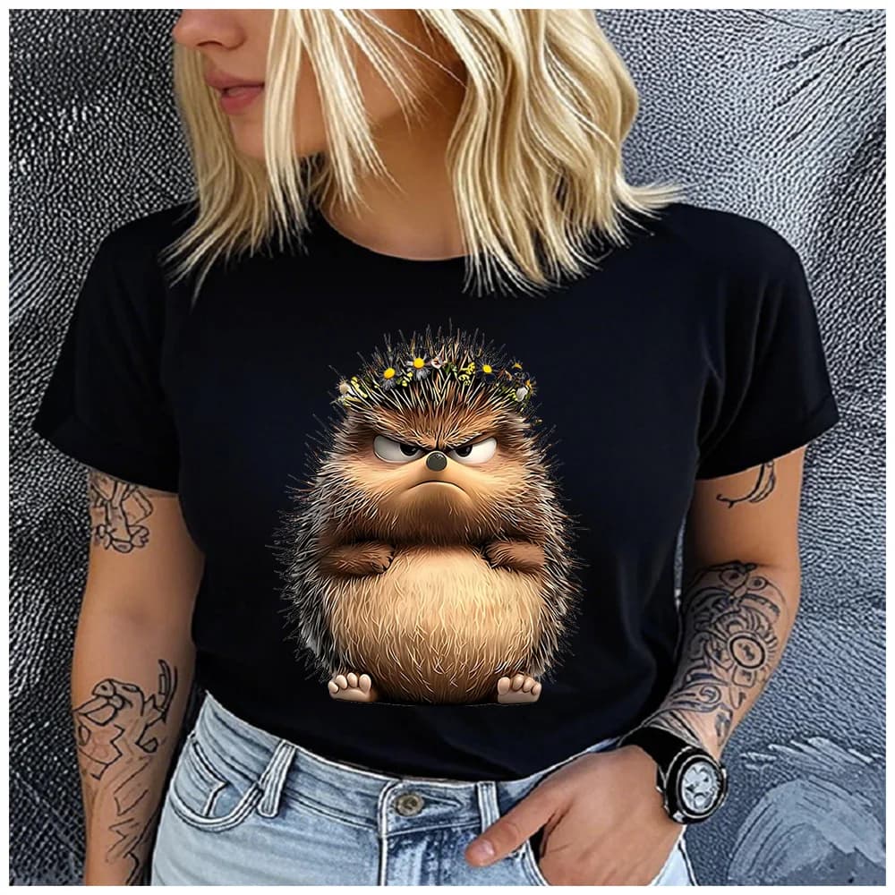 Cotton 100% Grumpy Hedgehog With Wildflower Crown Print T Shirt Women Casual Summer Cute Animal Graphic Short Sleeve Tee Gift