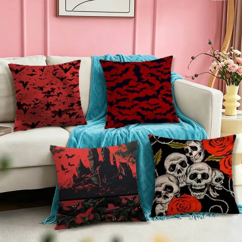 Vintage Red Bats Skull Trendy Pattern Silicone Pillow Case Square Double-Sided Sofa Cushion Cover Bedroom Bedside Pillow