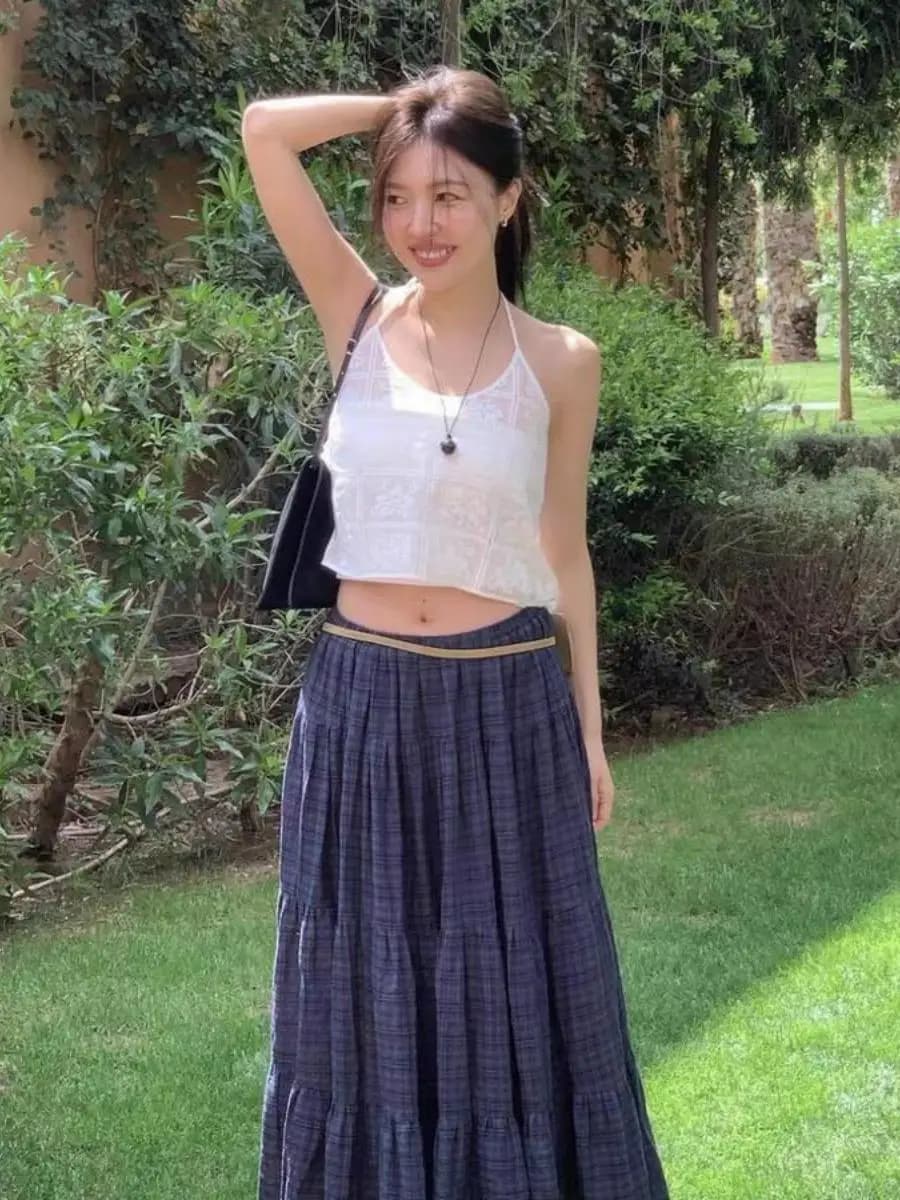 Korean Style Lace Halter Neck Tank Top And Skirt Set Women's Summer Fashion Two-Piece Outfit Cotton Loose Fit Short Sleeve