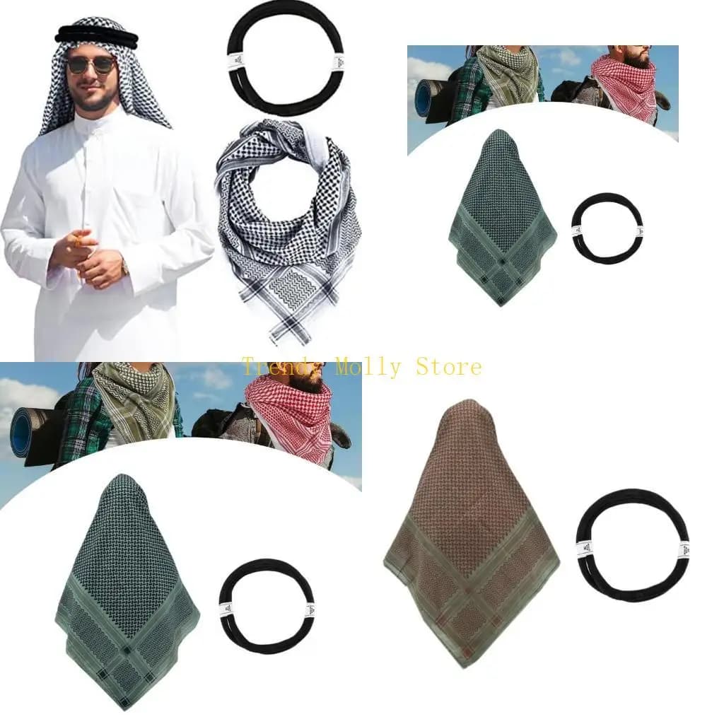 N5KB 1set Dustproof Adult Shemagh Scarf with Hairband Multi Purpose Keffiyeh Headscarf Adjust Religious Scarf Outdoor Scarf