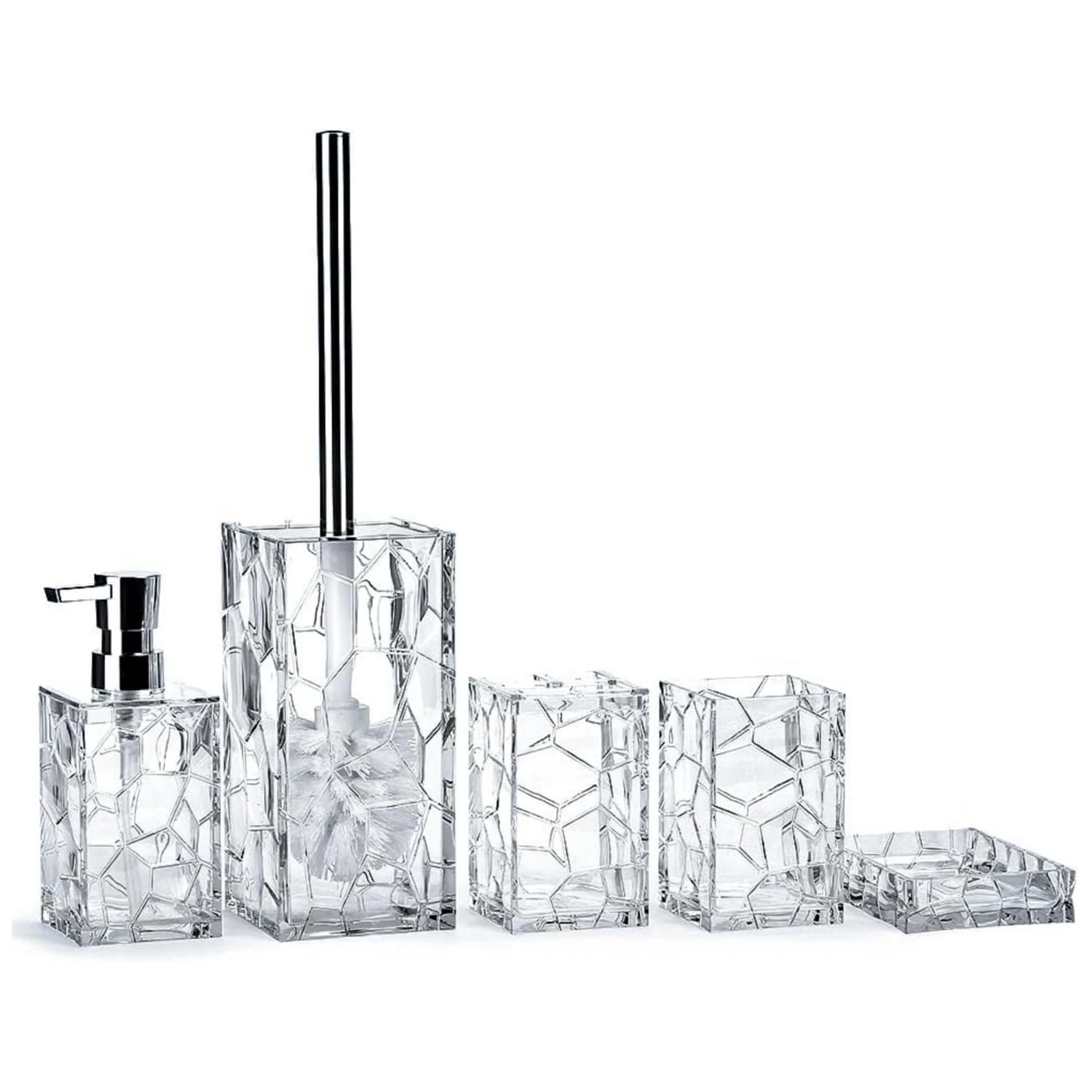 Set di accessori per il bagno in acrilico bianco da 5 pezzi, con Dispenser di lozioni, portasapone, bicchiere, portaspazzolino, Set di scopino per wc