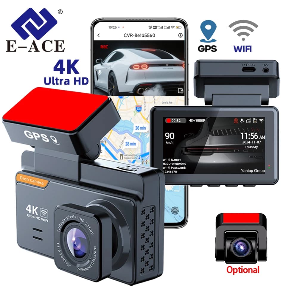 E-ACE 3 Inch UHD 4K Video Recorder Recorder Car Camera DVR Night Vision Dash Cam Integrated Wi-Fi and GPS Parking Monitor 24 Hours
