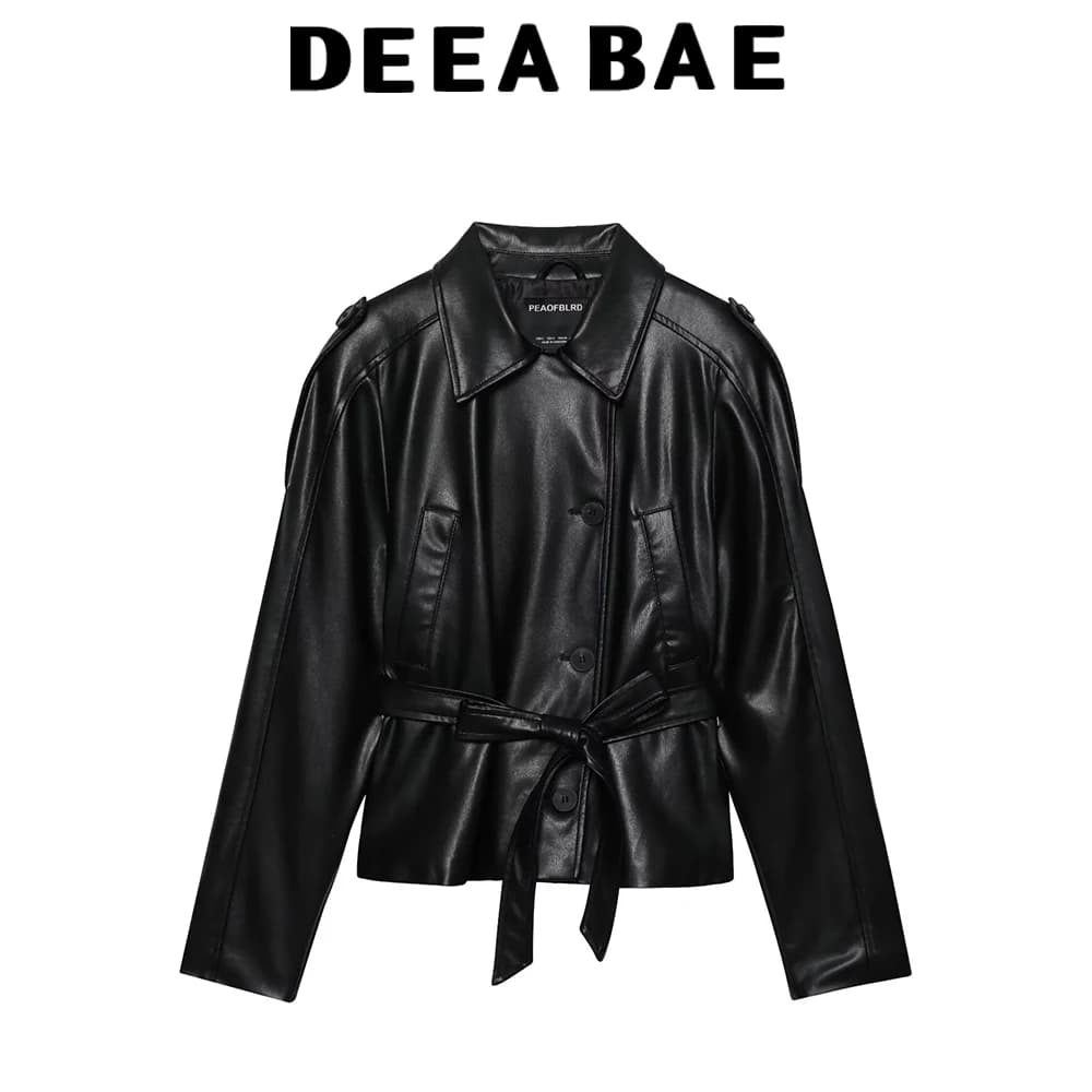 DEEABAE Autumn New Women's Butterfly Tie Belt Pad Shoulder PU Imitation Leather Flip-over Long Sleeve Short Wind Jacket