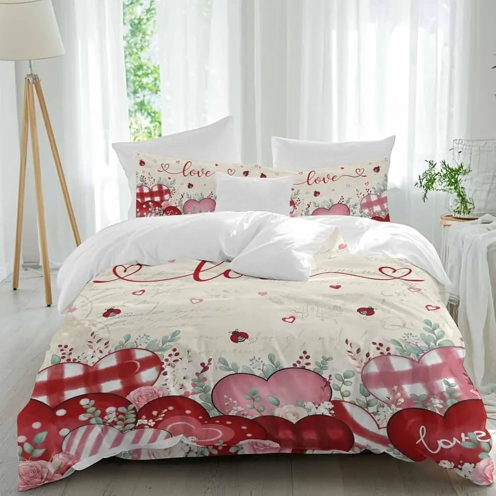 Set di Lenzuola per San Valentino, Motivo Acquerello con Cuori Rossi e Rosa, Texture Giornale Beige, Set Copripiumino Traspirante in 4 Pezzi