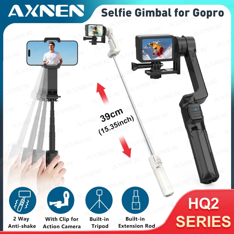 HQ2SE con accessorio GoPro Clip per action camera Stabilizzatore portatile per selfie stick integrato per fotocamera sportiva e smartphone