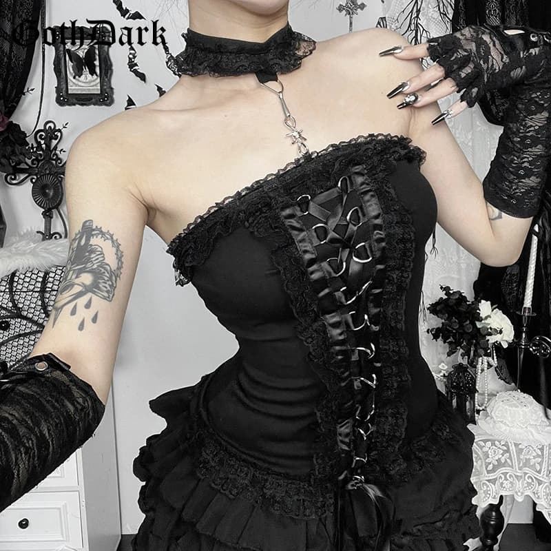 Goth Dark Sweet Lace Patchwork Corsetto senza spalline Top Fasciatura sottile Canotta senza schienale Donna Streetwear Mall Gilet corto gotico 2025