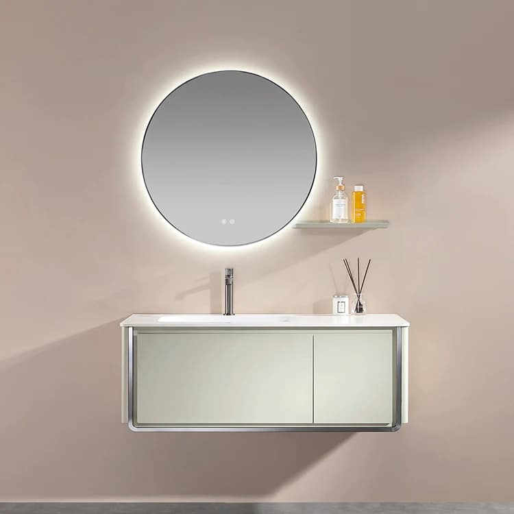 Piccolo Mobile da Bagno Moderno in Acciaio Inox con LED e Specchio, Montato a Parete, con Cassetto Estraibile e Armadietto Portaoggetti per Appartamento