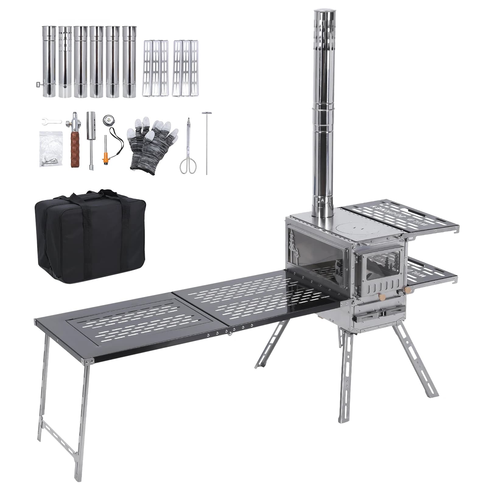 Stufe a Pellet Portatili con Forno e Tavolo da Campeggio con Canna Fumaria, Stufa per Tenda in Acciaio Inox per Riscaldamento, Cucina e Caccia