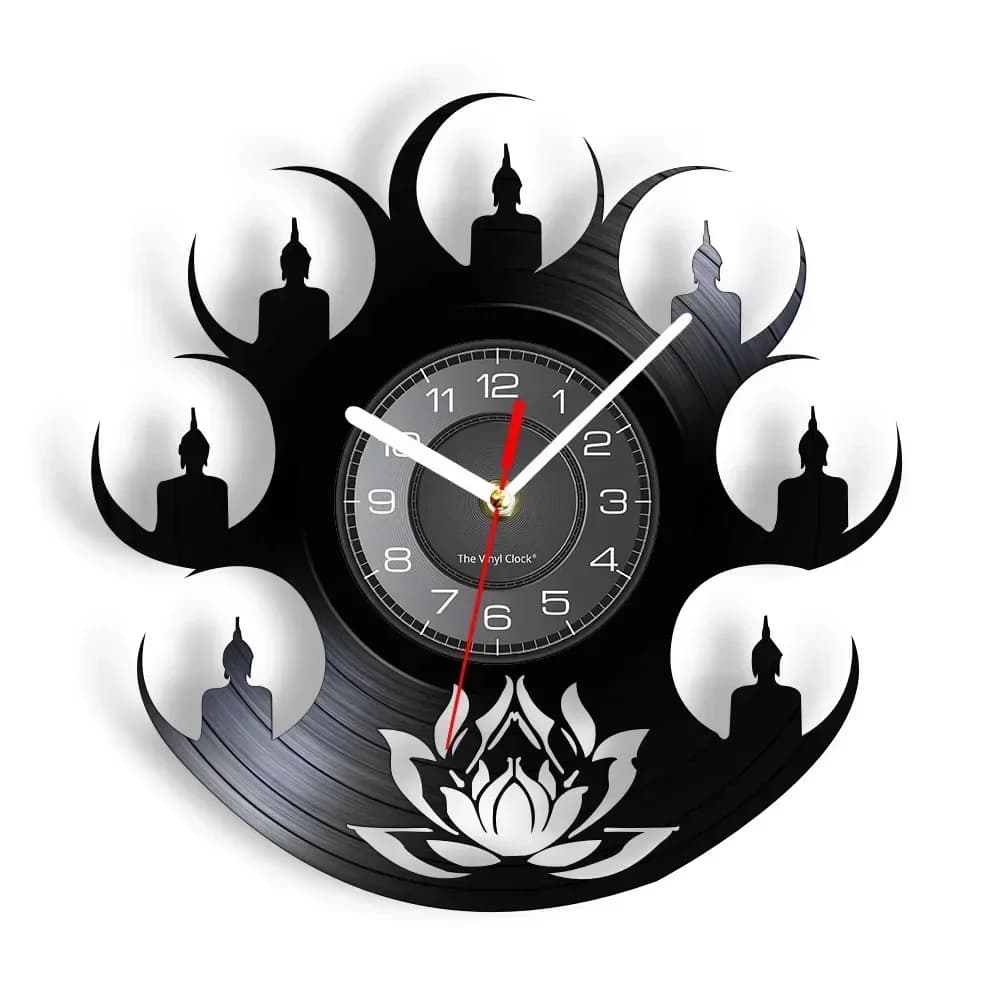 Creativo Lotus Buddha Statua Disco in vinile Orologio da parete Preghiera buddista Retro Home Decor Orologio da parete Sala yoga Orologio al quarzo silenzioso