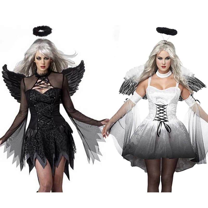 Carnevale Halloween Lady Fallen Angel Costume Vampiro scuro Ali di piume Gioco di ruolo Cosplay Fancy Party Dress